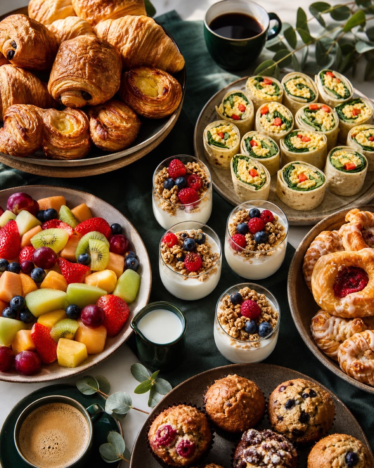 Illustrative breakfast spread with pastries, wraps, fruit, yogurt cups and coffee for a morning meeting.