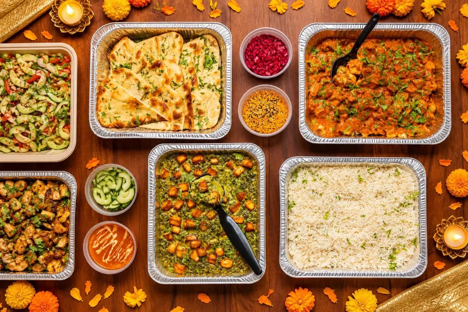 Indian catering trays with naan, rice, curry, paneer and salad arranged for Diwali.