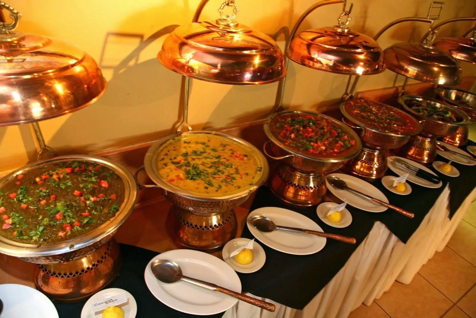 A row of Indian buffet dishes in copper chafing vessels.