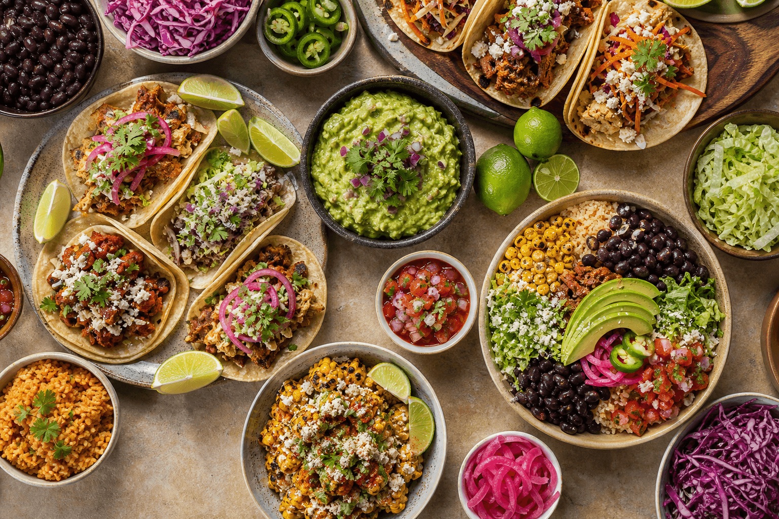 A colourful Mexican-inspired workplace catering spread with tortillas, grilled fillings, rice, beans, salsa, and toppings.