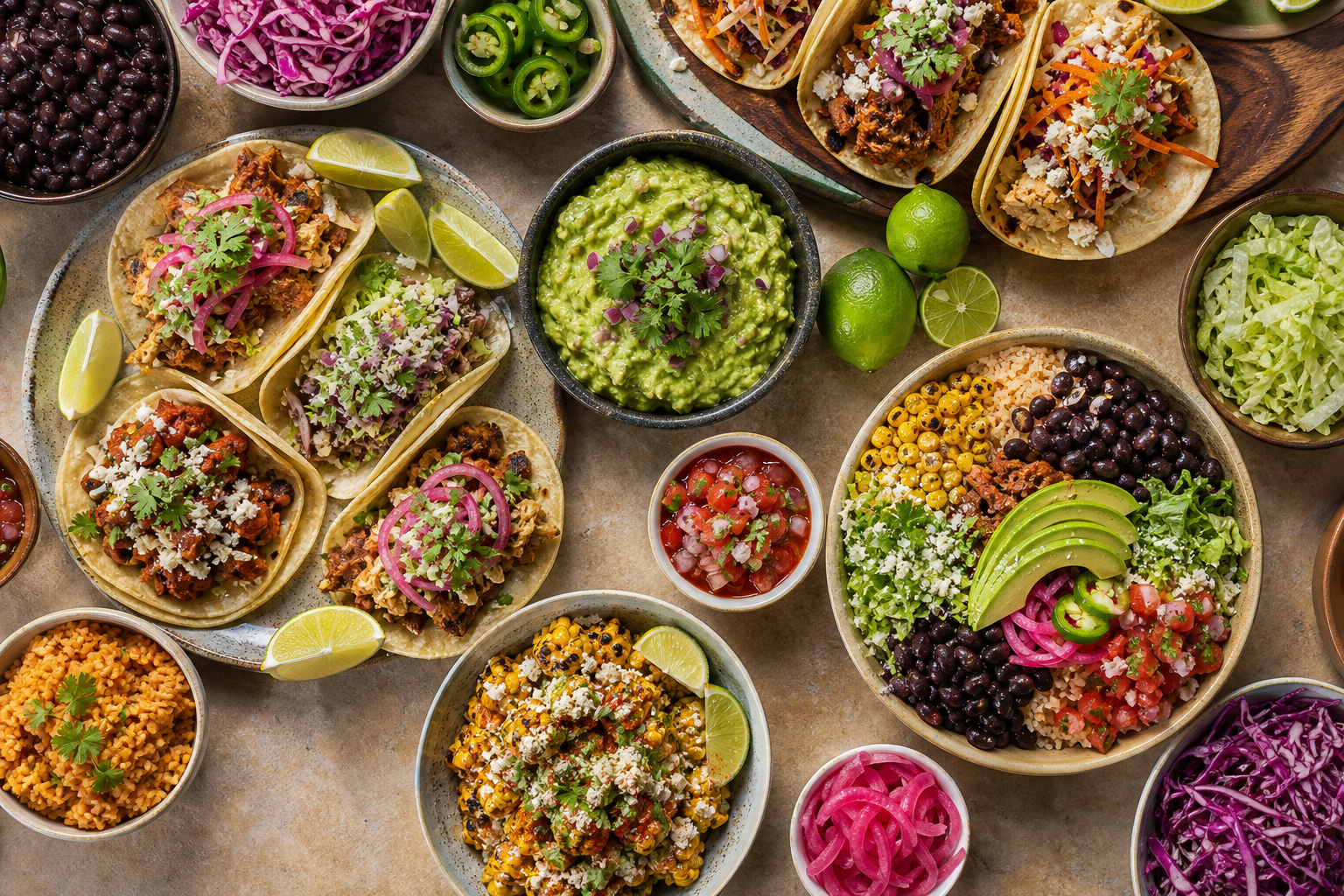 A colourful Mexican-inspired workplace catering spread with tortillas, grilled fillings, rice, beans, salsa, and toppings.