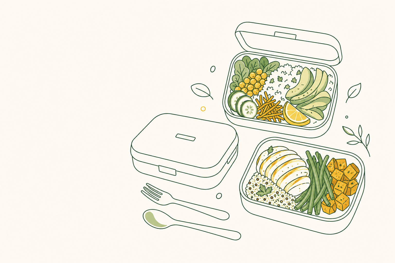 Illustrated reusable catering containers with varied workplace meals