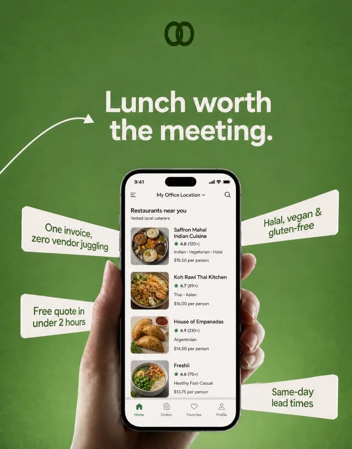 LunchLink restaurant selection and workplace catering benefits shown on a mobile phone