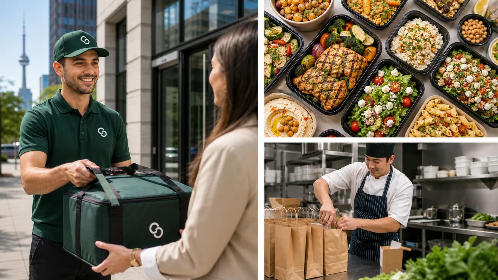 LunchLink delivery professional handing off a catered order beside real prepared meals and a restaurant kitchen