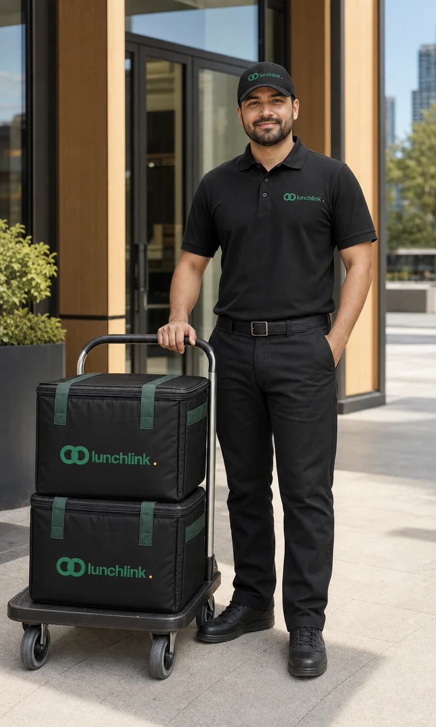 LunchLink delivery driver with branded insulated catering bags and delivery trolley
