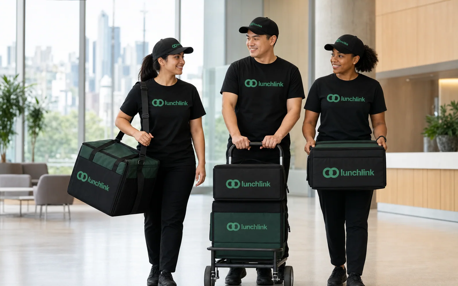 LunchLink delivery partners arriving at a Toronto office with branded thermal catering bags