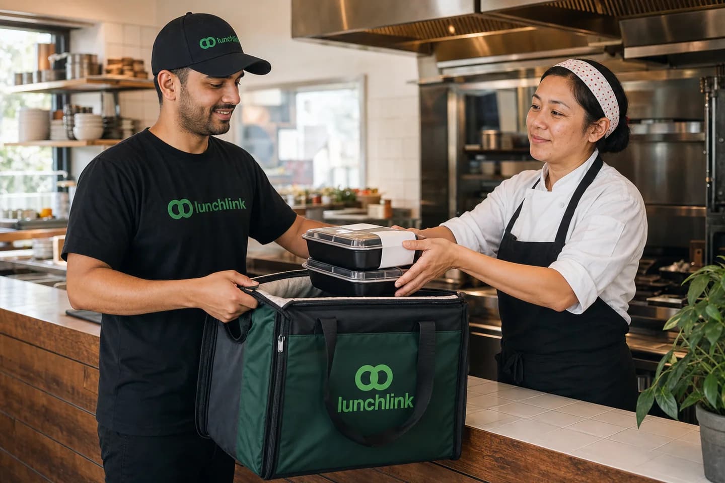 A LunchLink delivery partner collecting an organized catering order from a local restaurant
