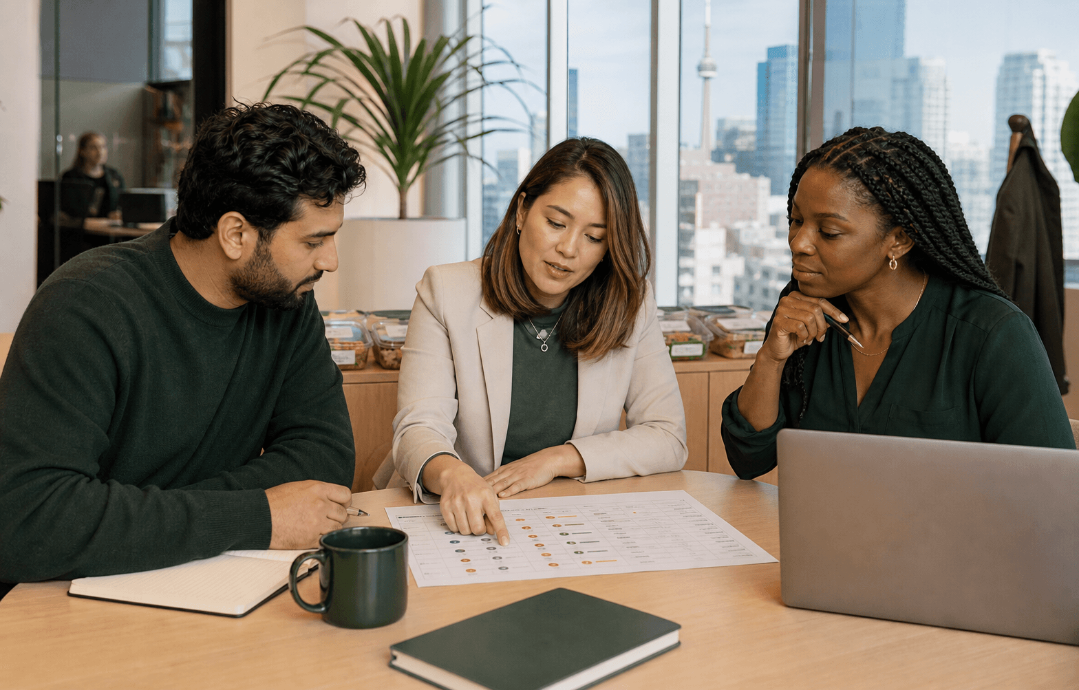 An office planner comparing anonymized catering proposals against a structured checklist.