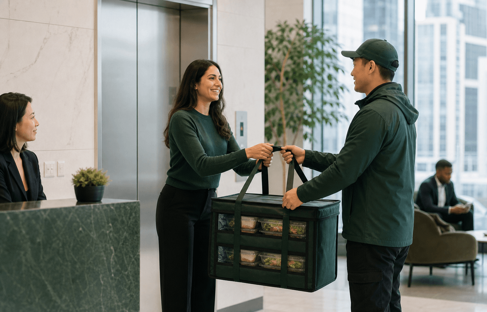 Restaurant team preparing organized workplace catering orders