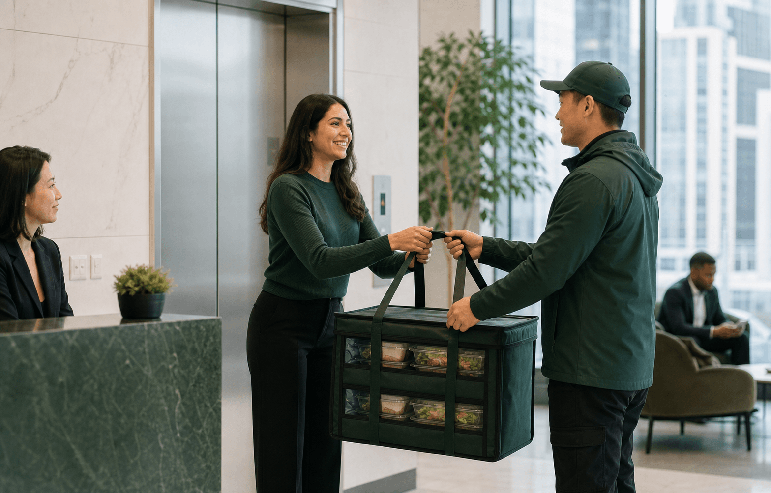 An office coordinator receiving a workplace meal delivery beside an elevator