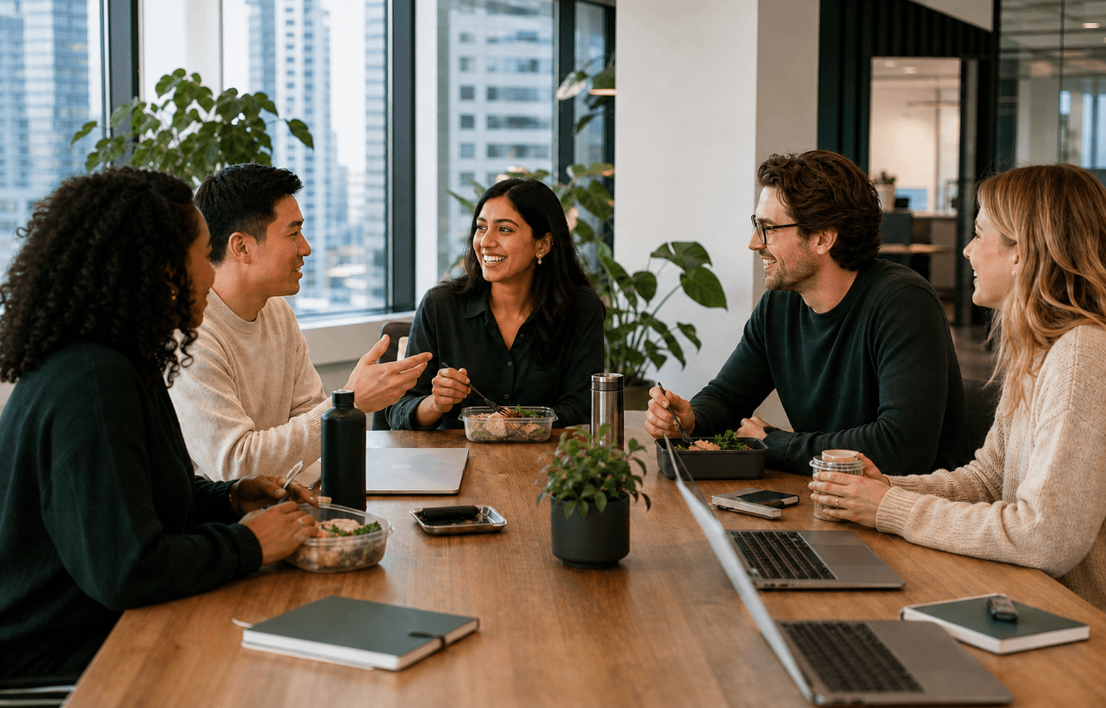 A Toronto office team sharing lunch together around a meeting table