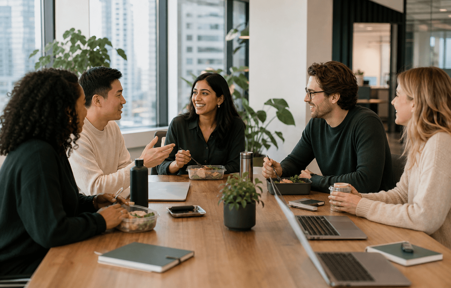 Colleagues planning and sharing a workplace meal